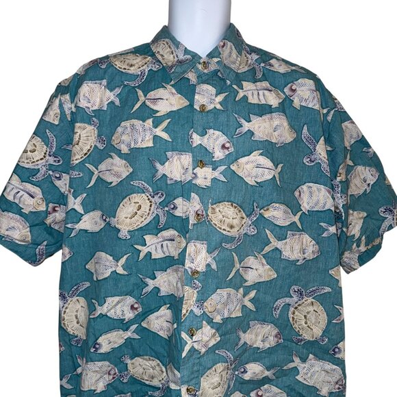 Vintage Cooke Street Hawaiian Shirt Mens 2XL Blue Fish Turtle  Ocean Beach - Picture 2 of 9